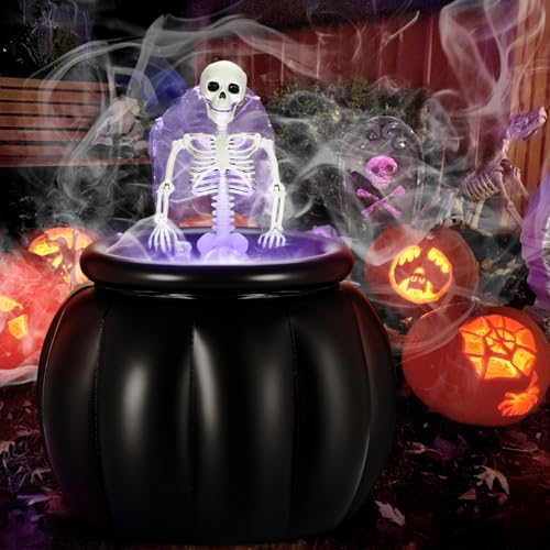 Halloween Decorations Outdoor Large Halloween Witches Cauldron with Skeleton LED Mist Maker Inflatable Black Bowl Skeleton Candy Bucket Decoration for Outdoor Garden Yard Lawn Home Porch