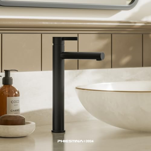 Phiestina Brushed Gold One Hole High Bathroom Vessel Sink Faucet, Single Hole Single Handle Tall Bathroom Faucet, with Pop Up Drain and Water Supply Line,FH01-BG-V