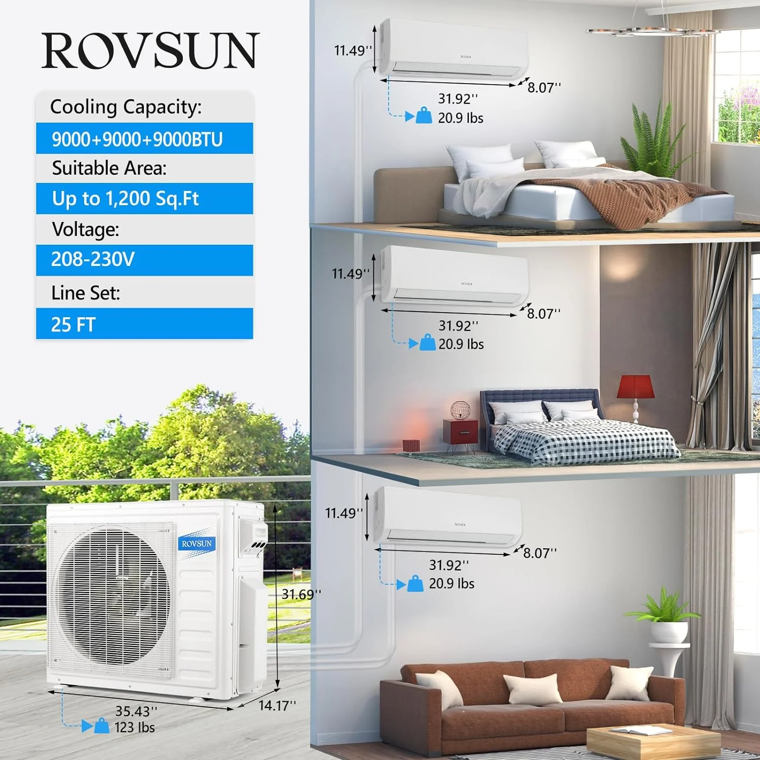 ROVSUN 3 Zone 9000 + 9000 + 9000 BTU WIFI Mini Split AC/Heating System, 19 SEER Tri Zone 27000 BTU Ductless Split Air Conditioner with Pre-Charged Condenser, Heat Pump & 25Ft Line Set, 208-230V