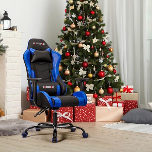 ECOTOUGE PC Massage Gaming Chair with Footrest Ergonomic Office Desk Chair Racing PU Leather Recliner Swivel Rocker with Headrest and Lumbar Pillow, Blue
