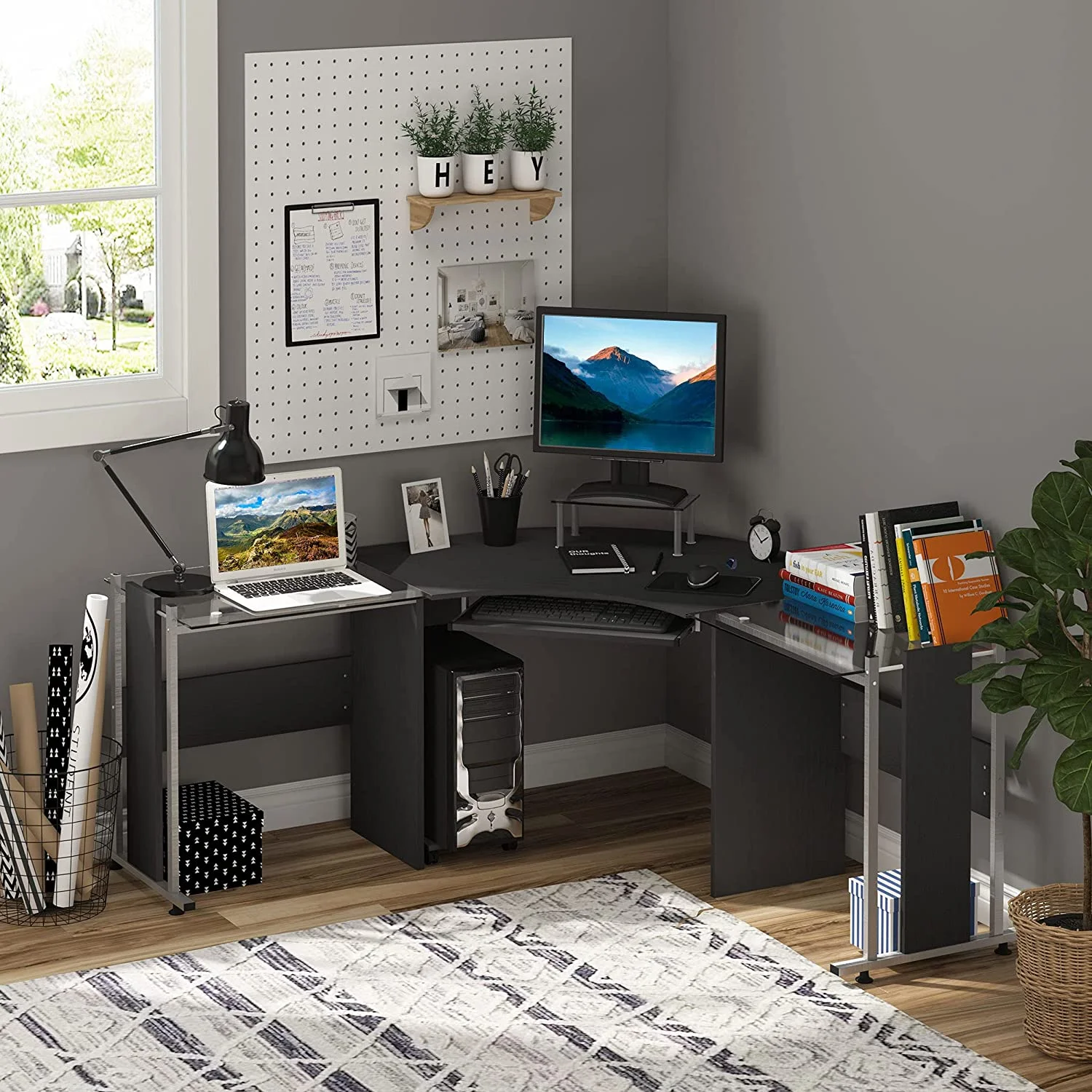 HJNIUNIU 69" Modern L-Shaped Tempered Glass Office Computer Desk with Elevated Monitor Stand  Rolling CPU Holder  Pull Out Keyboard Tray and Steel Frame  Black