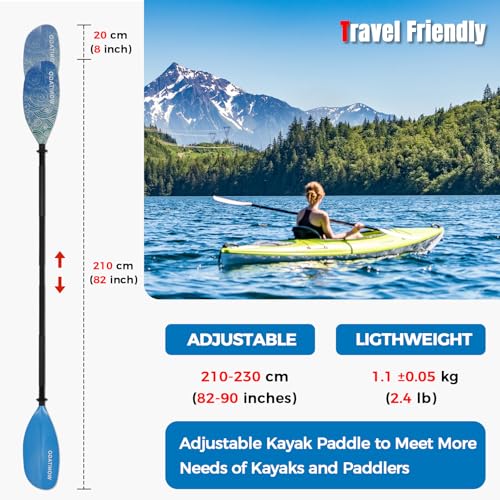 Kayak Paddles with Alloy Shaft and PP Blade, Floating Kayaking Oars, Adjustable 230-250 cm/90-98 Inches, 210-230 cm/82-90 Inches