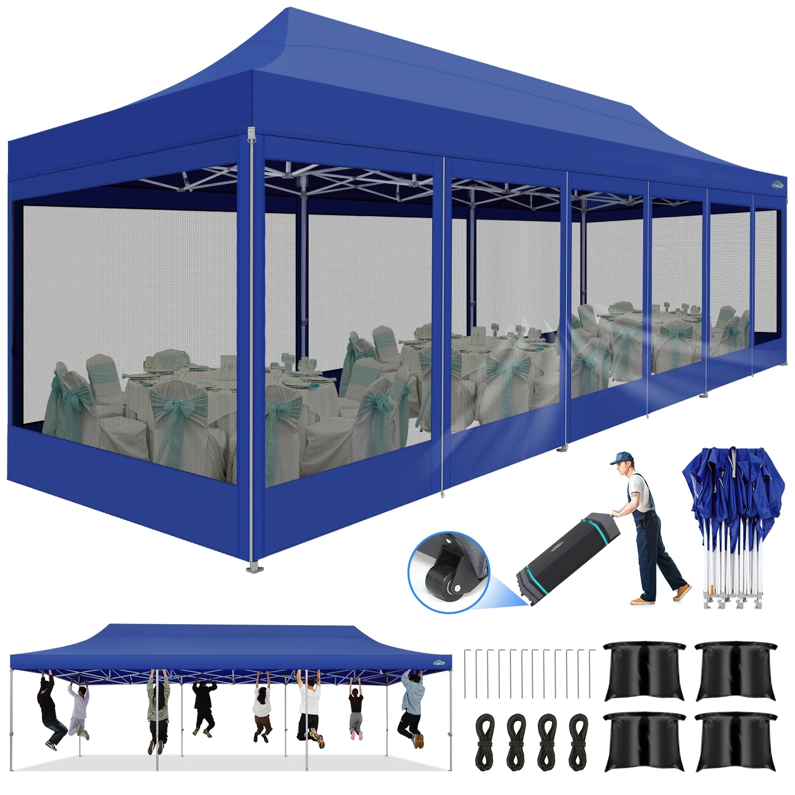 COBIZI 10x30 Canopy Heavy Duty Tent,Pop Up Canopy Gazebo with Netting Screened,Waterproof&Sunproof Ez up Canopy with Sidewalls,Outdoor Instant Party Tent for Backyard,Wedding,Birthday,BBQ,Dark Blue