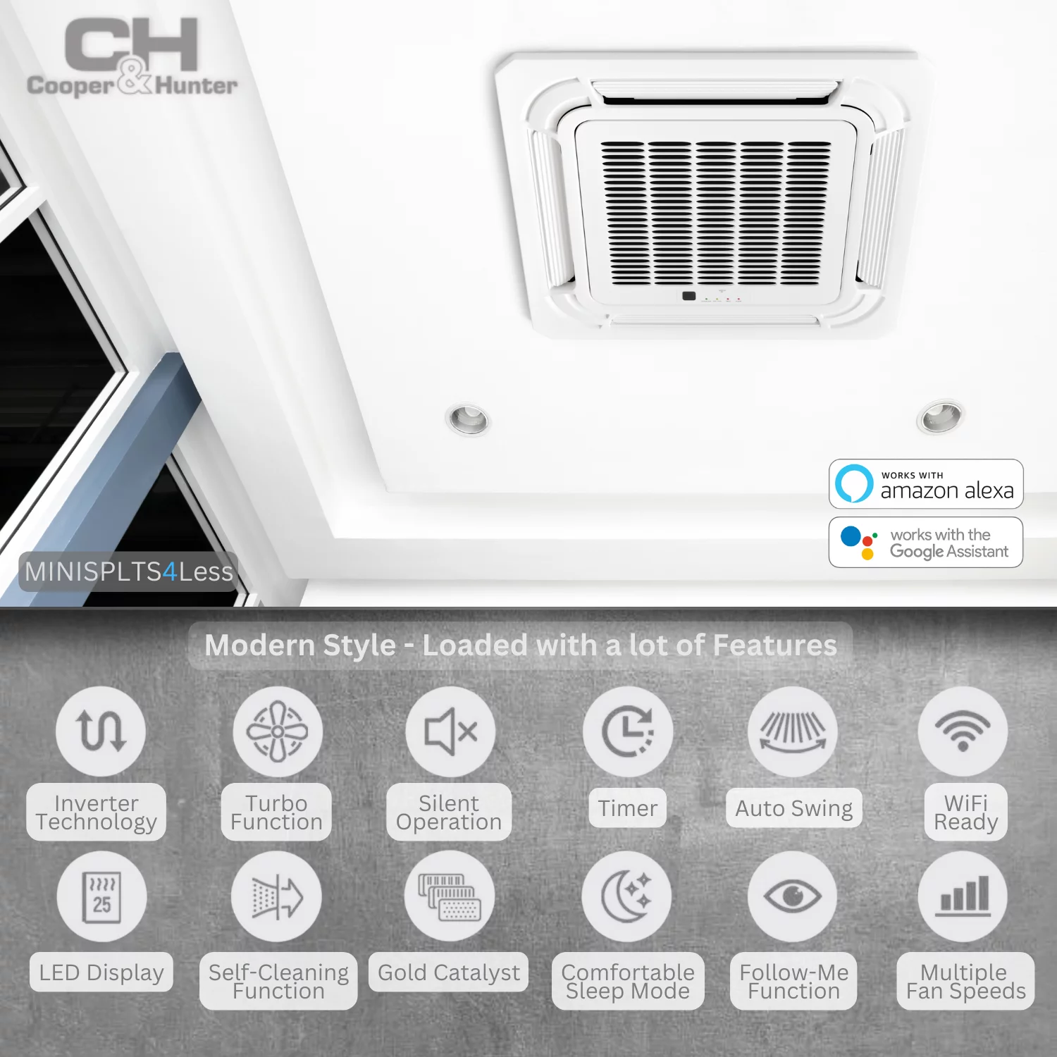 Cooper & Hunter 36000 BTU 230V Ceiling Cassette Dual 2 Zone Mini Split Heat Pump Air Conditioner 18K + 18K BTU Cover 2000 Sq Ft