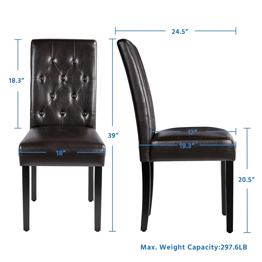 Topeakmart 2pcs Tufted Padded Faux Leather Dining Chair Kitchen Chair with Solid Wood Legs, Brown