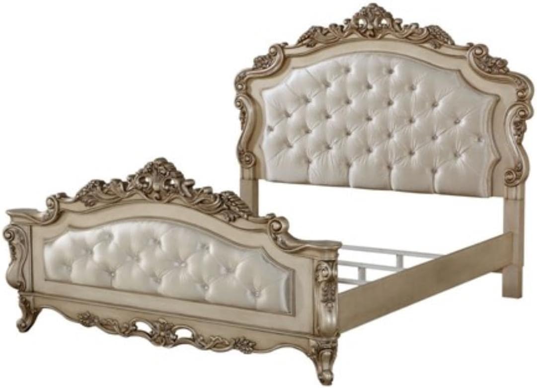 Acme Gorsedd Tufted Eastern King Panel Bed in Cream Fabric and Golden Ivory