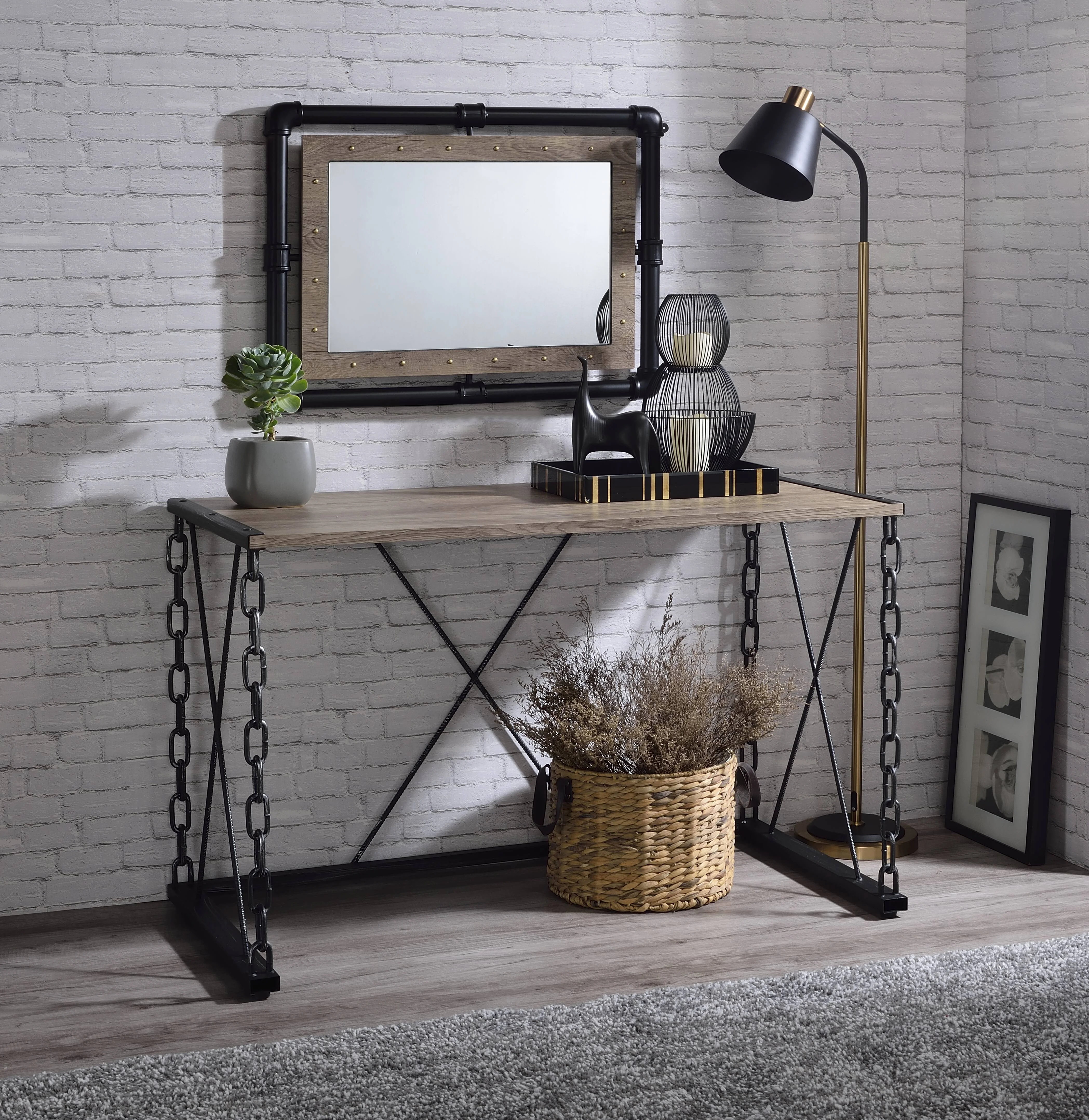 ikayaa Jodie Console Table in Rustic Oak & Black Finish