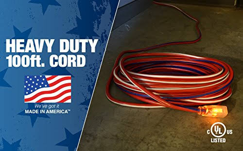 Southwire 2549swusa1 100-Feet Contractor Grade 12/3 Extension Cord with Lighted End; Red White and Blue American Made Extension