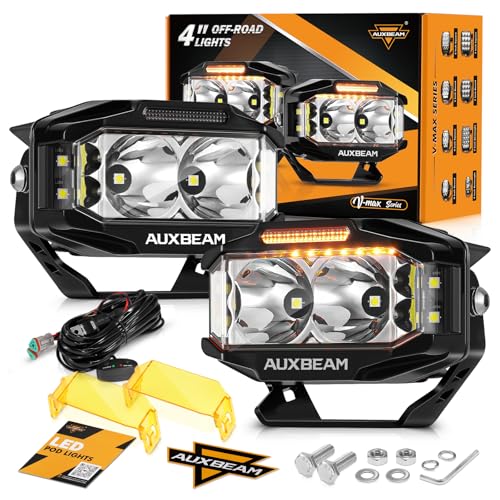 Auxbeam V-MAX Series 72W LED Pod Driving Lights, 4x2.5 Inch Rectangle Side Shooter Offroad Cube Spotlights with Amber DRL, 270° Combo Beam 6 Modes White/Amber/Yellow Auxiliary Lights with Covers