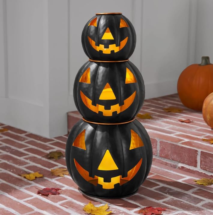 3 Tiers Black Metal Jack O Lanterns Light up Pumpkins with LED Candles with Black Creepy Cloth Decoration Bundle Pre-lit Pumpkin Lights for Halloween Indoor Outdoor Yard Decor