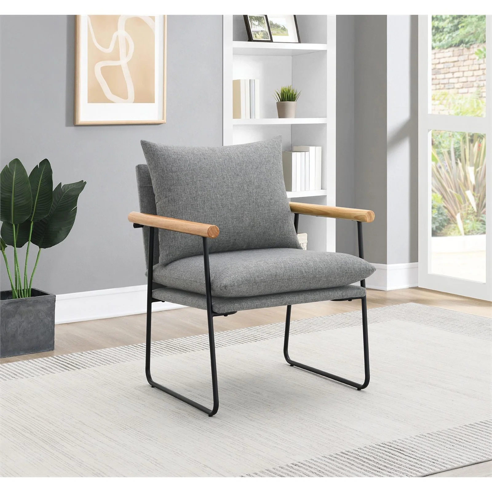 Dutton Armchair in Charcoal Fabric with Natural Arms and Black Sled Base