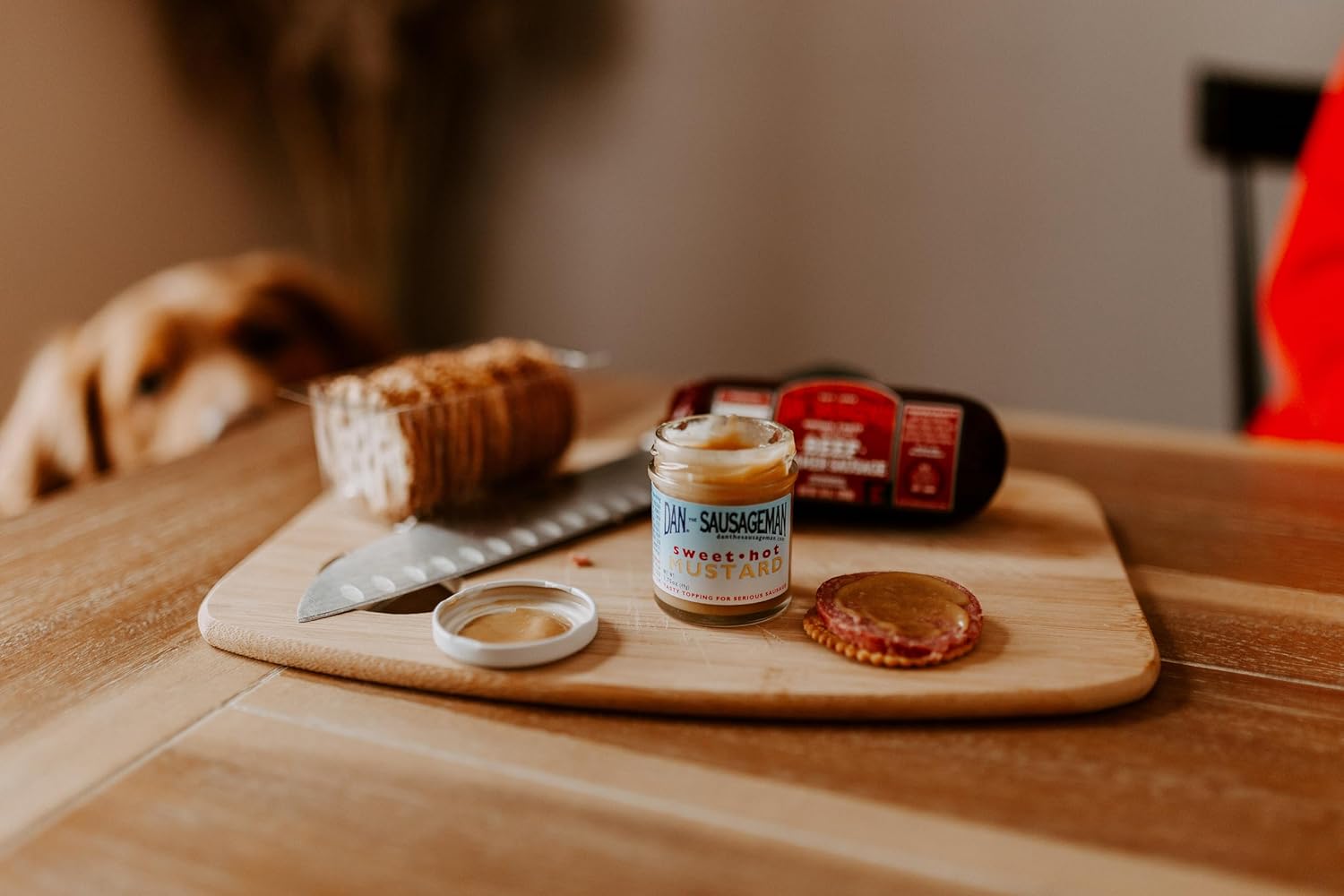 Sausage and Cheese Tasting Sampler by Dan the Sausageman. Featuring Smoked Beef Summer Sausage, and Specialty Sweet Hot Mustard.