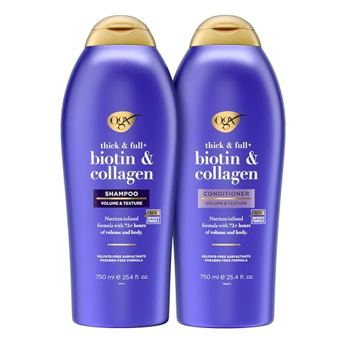 OGX Shampoo and Conditioner Set, Thick and Full + Biotin and Collagen, Purple, Helps Thicken and Texturize Hair, Ideal for Flat to Medium Volume Hair, 25.4 FL OZ, 2 Pack