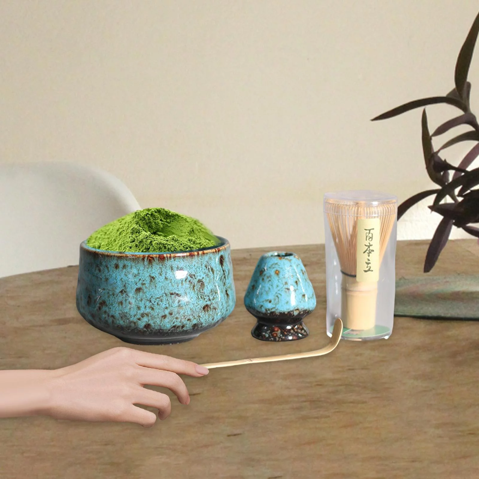 4 Pieces Matcha Set Tea Spoon Traditional , Matcha Bowl, Whisk Holder, Ceramics Blue