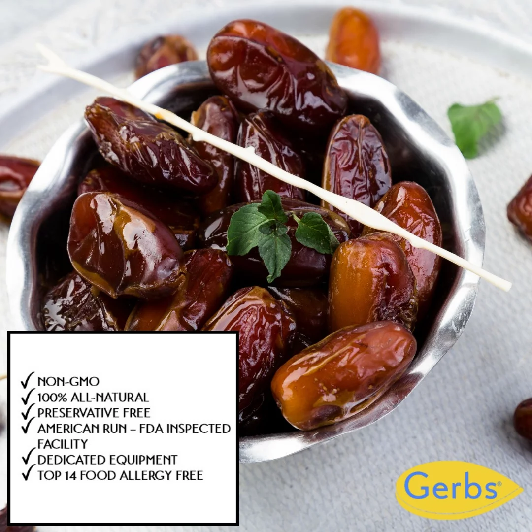 GERBS Dried Araya Dates 2 LBS. Pitted | Freshly Dehydrated Resealable Bulk Bag | Top Food Allergy Free | Sulfur Dioxide Free | High Fiber, Natural Sweetener & Antioxidant rich | Gluten & Peanut Free