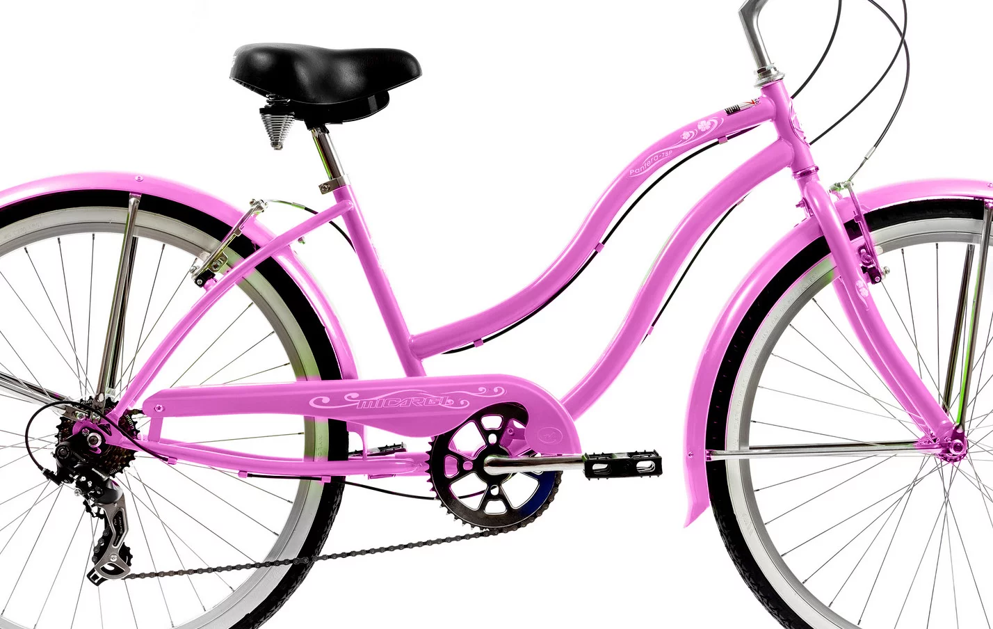 Wonder Wheels 26 In. Beach Cruiser Shimano Tx-35 7 Speed V-Brake Stainless Steel Spokes One Piece Crank Alloy Rims 36 H With Fender - Pink