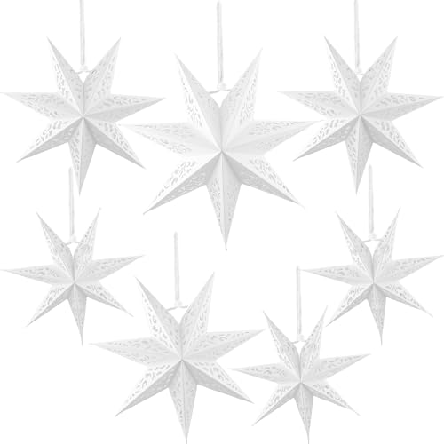 7-Piece Christmas Paper Lanterns - 10 12 14 18 Inch White, Large 7-Pointed Star Shades, Hanging Decorations for Holidays