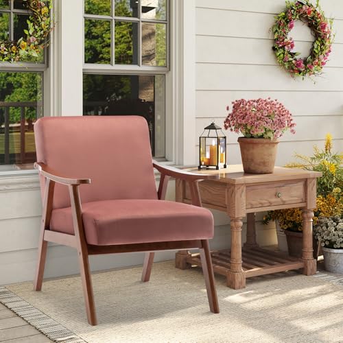 Rovibek Upholstered Accent Chair with Arms - Mid Century Modern Accent Chairs with Wood Frame, Upholstered Arm Chairs with 5.9in Thick Foam, Beige Occasional Chair, Set of 2