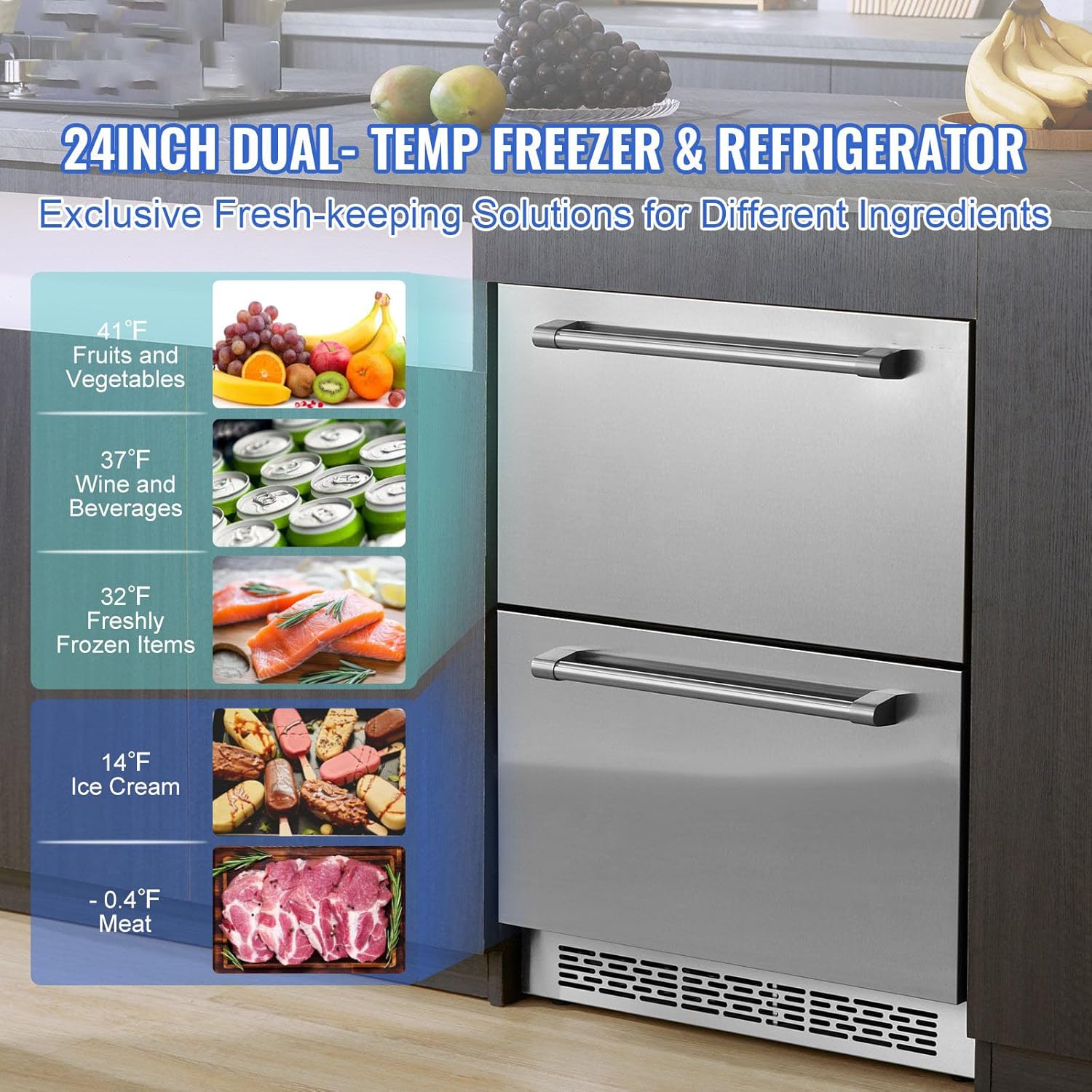 24 inch Undercounter Refrigerator, 2 Drawer Refrigerator with Different Temperature, 4.87 Cu.ft. Capacity - for Home and Commercial Use, None*None*None, silver, 1XBV003150