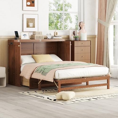 KEIKI Full Size Cabinet Murphy Bed with Charging Station and Drawers, Multiple Storage Foldable Hideaway Wall Murphy Bed Frame with Solid Slat, No Box Spring Needed, Easy Assembly, for Bedroom, Walnut