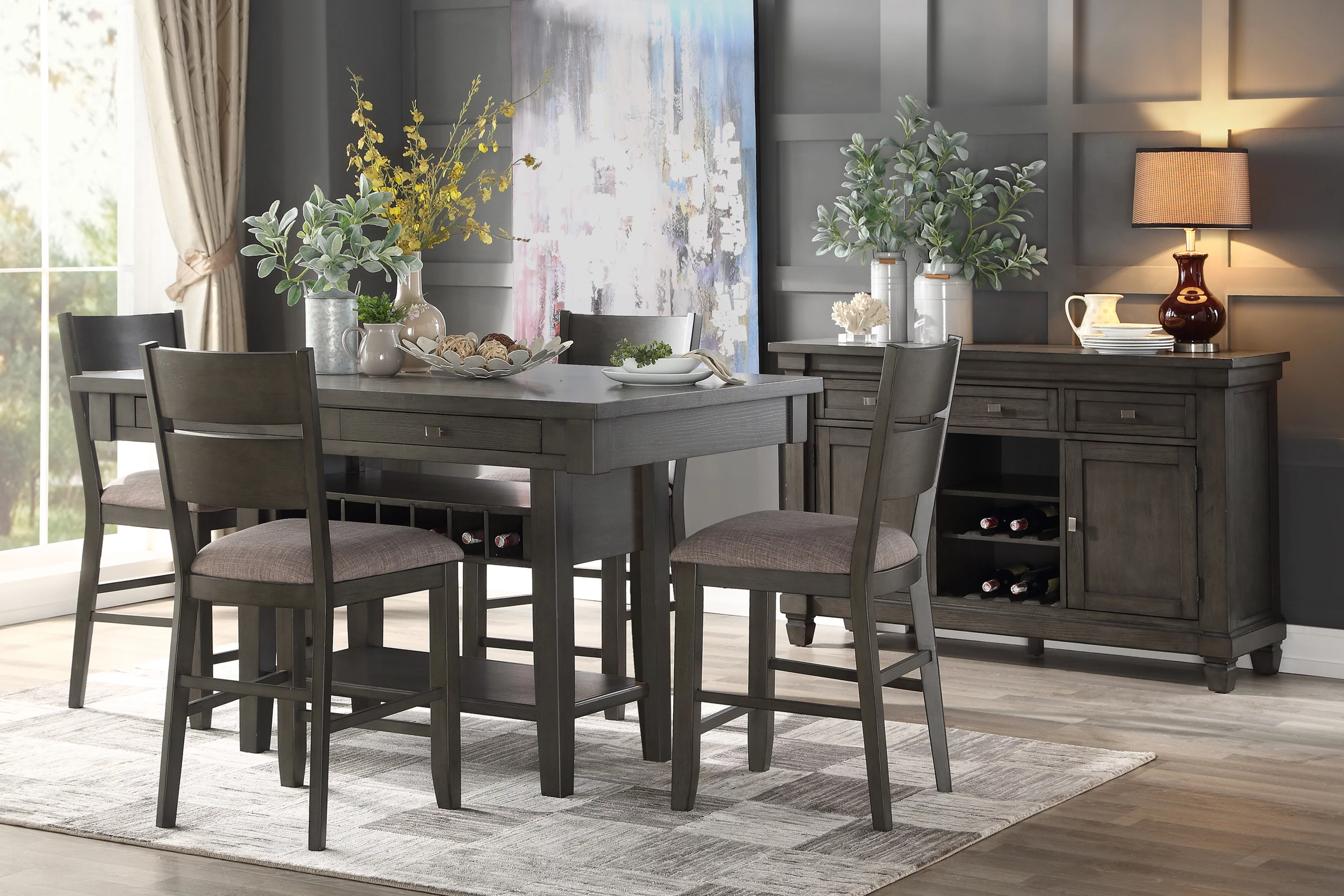Casual Gray Finish 5pc Dining Furniture Set Counter Height Table Wine Rack Storage Drawers Transitional 4 High Chairs