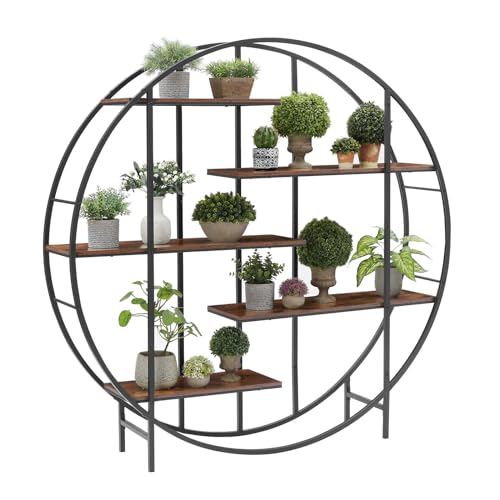Plant Stand 5 Tier Tall Metal Plant Shelf for Indoor, Round Shaped Ladder Plant Shelf Holder, Plant Flower Pot Rack Display Stand for Living Room Patio Garden Balcony, Black+ Brown
