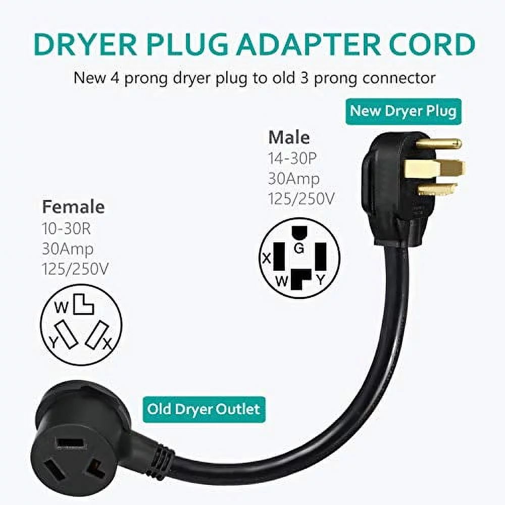 BOEEMI 4 Prong New Electric Dryer Plug Male to 3-Prong Old Dryer Receptacle Female Connector Adapter, NEMA 14-30P to 10-30R 4-Prong Dryer Outlet Adapter, 30A 125/250V 1.5FT, UL Compliant