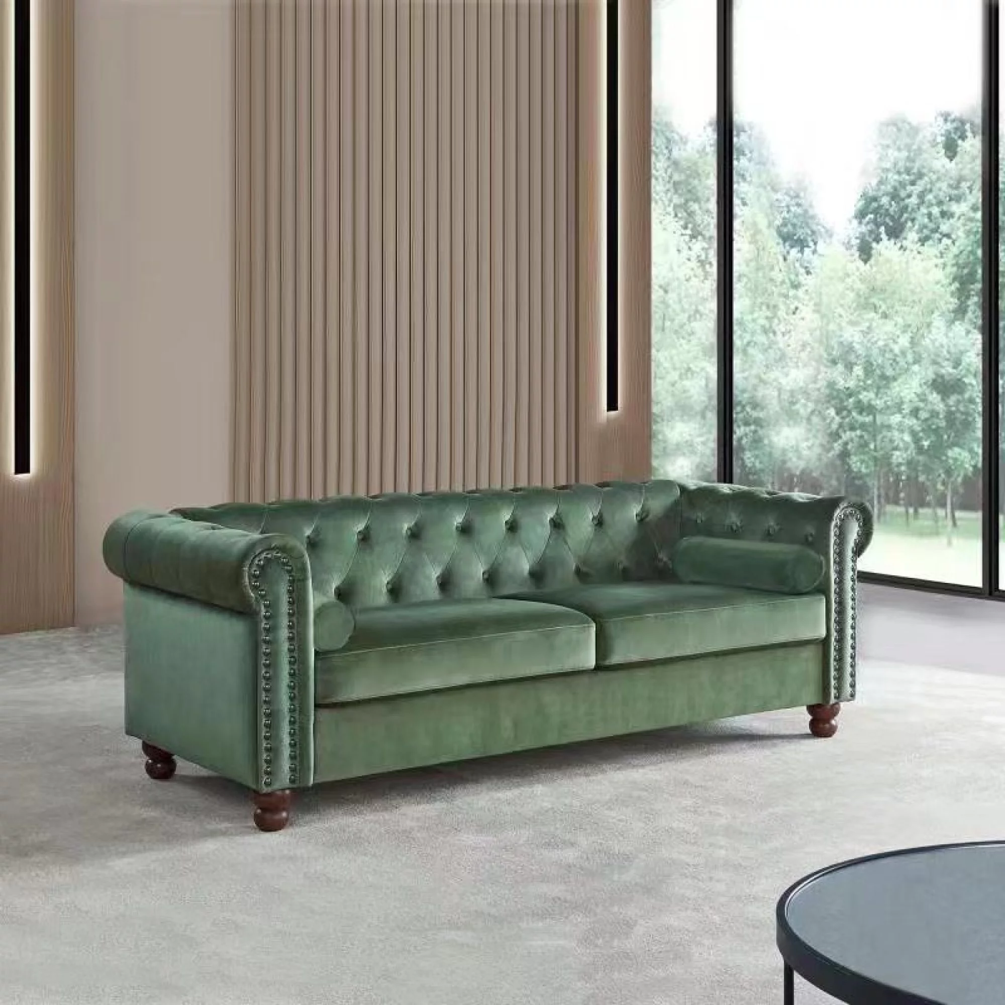 Classic Traditional Living Room Upholstered Sofa with high-tech Fabric Surface/ Chesterfield Tufted Fabric Sofa Couch, Large-Green