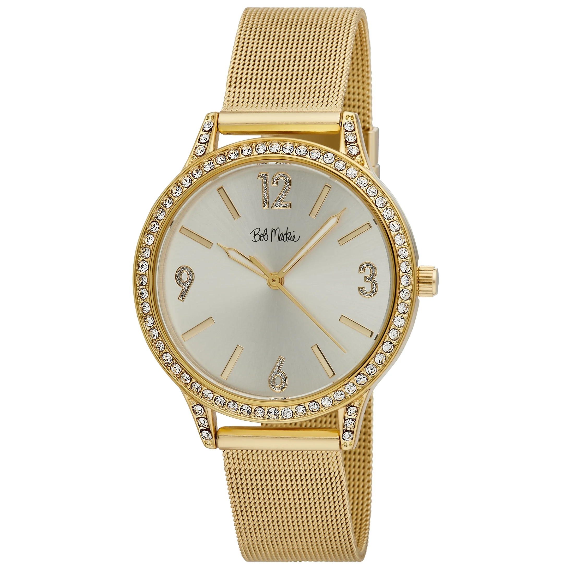 Bob Mackie Women's 37mm Gold Crystal Bezel Mesh Strap Watch