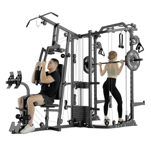 GMWD SmithΔ Machine Power Cage, Multi-Function Home Gym System with Cable Crossover System, Dual-Sided Workout Station with 121LBS Weight Stack, Power Rack, Functional Trainer, All in One Home Gym