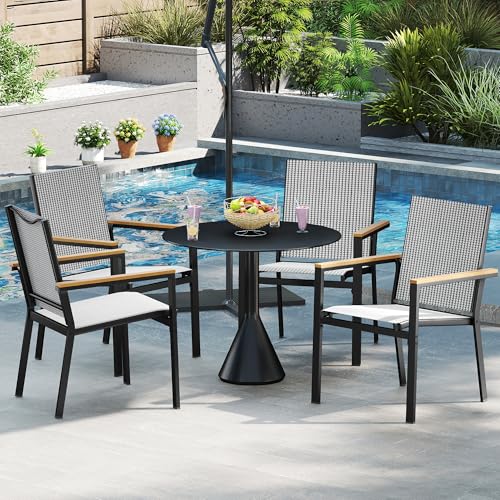 DWVO Stackable Patio Chairs Set of 2, All-Weather Patio Seating with Olefin Fabric and Faux Wood Armrests, Black & White Plaid Pattern