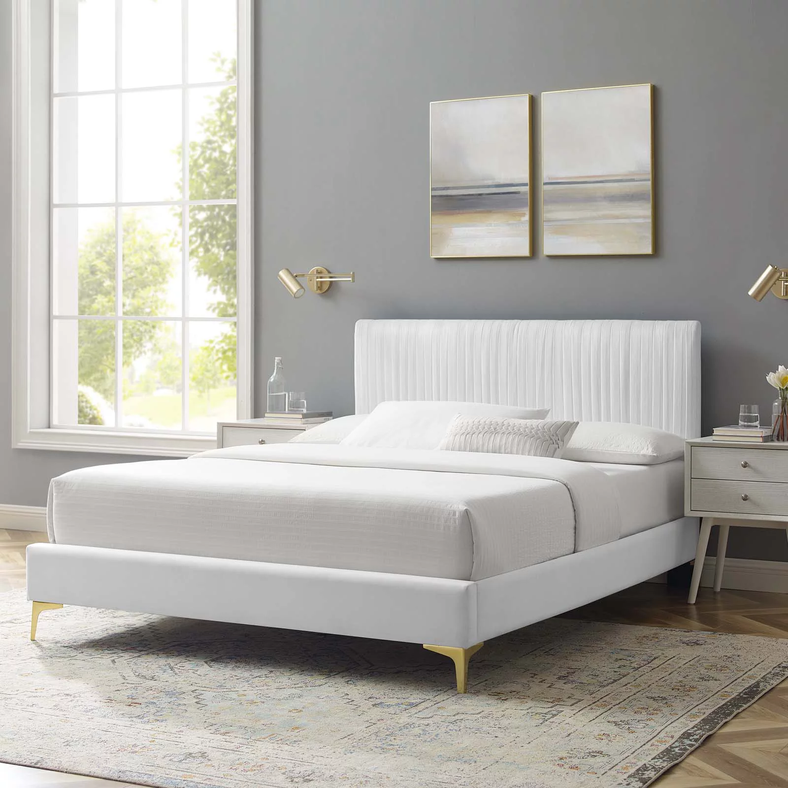 Platform Bed Frame, Twin Size, Velvet, White, Modern Contemporary Urban Design, Bedroom Master Guest Suite