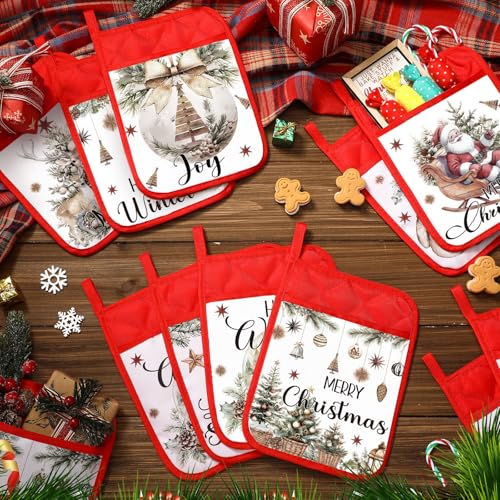 Roshtia 12 Pcs Christmas Pot Holders with Pocket Xmas Santa Pot Holders for Kitchen Winter Hot Pads Oven Mitts Cookie Bag Cute Heat Resistant Oven Gloves for Kitchen Gift Baking Cooking