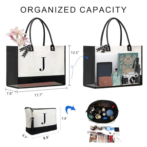 BeeGreen Mother's Day Gifts Personalized Women's Large White and Black Canvas Tote Bag, Embroidered Initials, Leather Handle, Zipper Closure