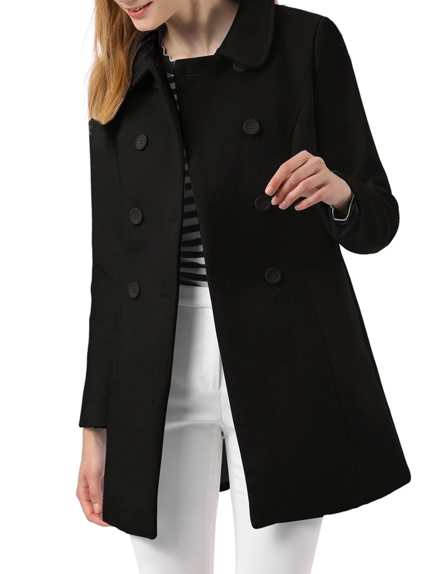 Unique Bargains Women's Peter Pan Collar Double Breasted Winter Trench Coat XS Black