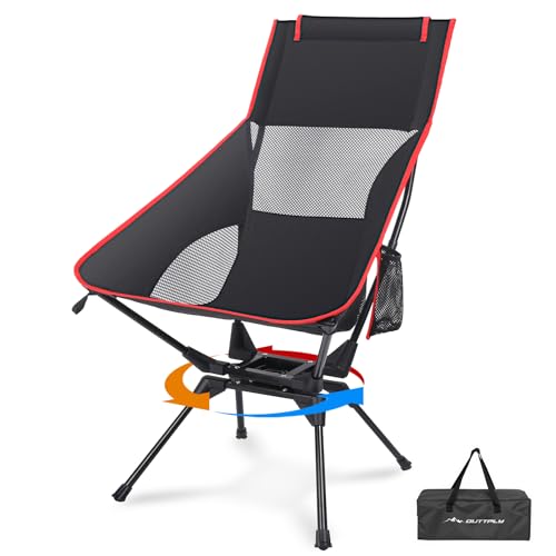 Swivel Camping Chair, High Back Folding Chair with Head Support, Side Cup Pocket, Stable Portable Outdoor Chair for Camp, Travel, Beach, Party, Fishing, Hiking, Backpacking, Black Red