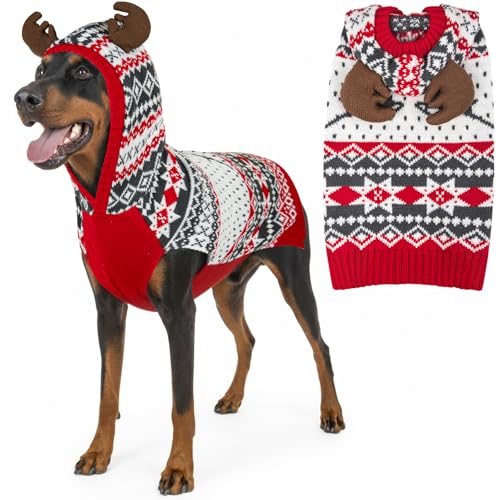KYEESE Dog Christmas Sweater, Warm Dog Sweater for Medium Dogs Boy Girl, Holiday Knitwear with Reindeer Antler Hood, Thick Cozy Winter Outfit with Leash Hole, XX-Large