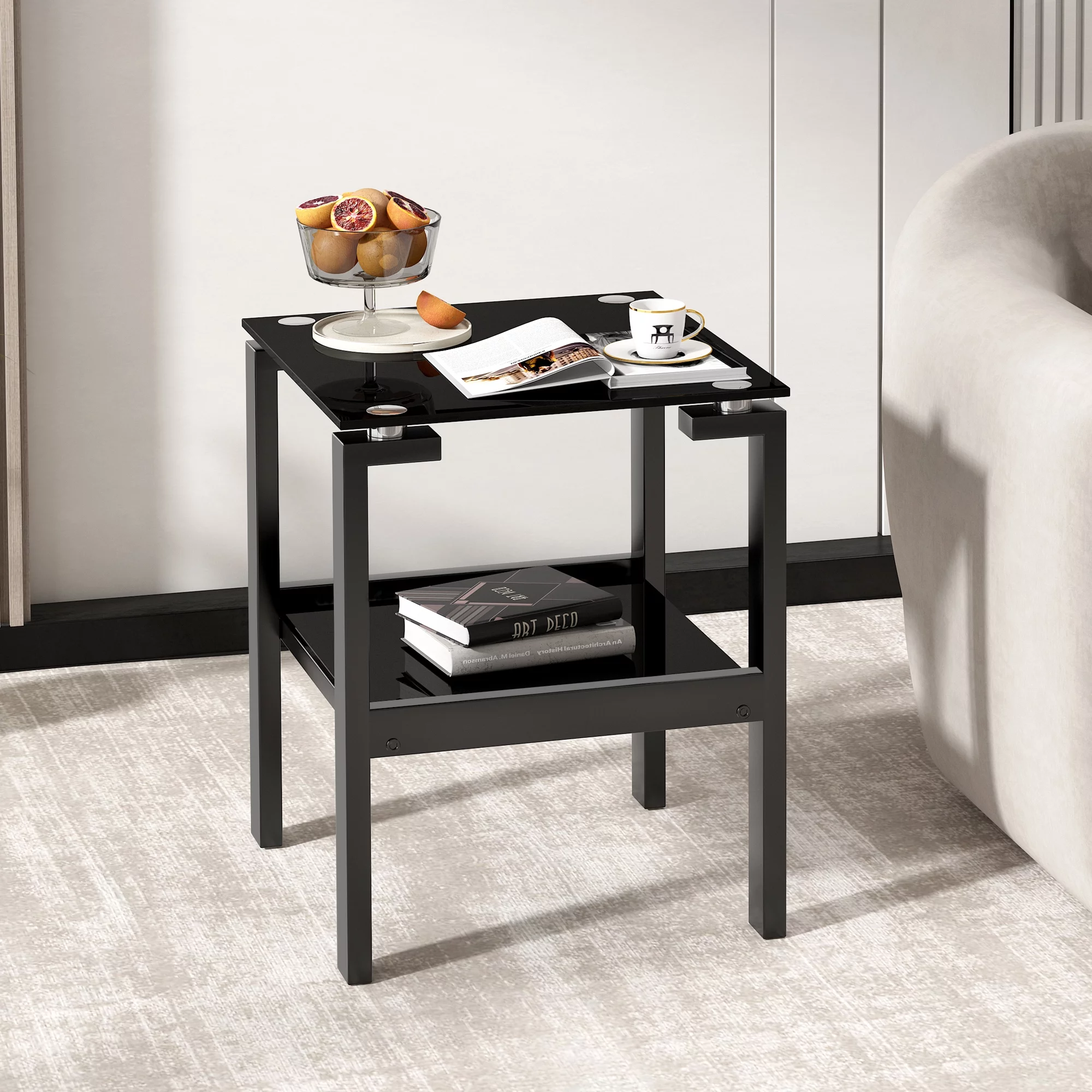 CQSXDA Black Tempered Glass End Table with 2 layer, Small Side Table for Living Room