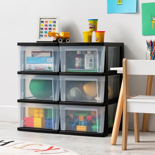 IRIS USA Plastic Drawer Storage Organizer, 3-Drawers, 2-Pack, for Classroom Art Craft Supplies, Bathroom Bedroom, Laundry Room, Black/Clear