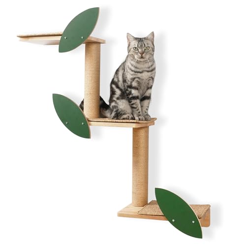 Meowoou Cat Wall Shelves with Leaves, 2 Platform Cat Wall Furniture, Cat Tree Shelves, Rubber Wood Wall Perch with Mat, Bridge for Climb, Nap, Play, Decor