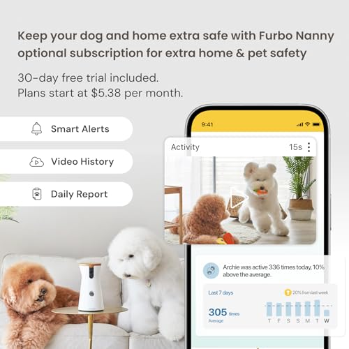 Furbo Mini Pet Camera - Unlock Camera & Smart Features w/Paid Plan: Home Security with Dog & Cat Safety Alerts, 2-Way Audio, Mountable Smart Cam w/Phone App (Subscription Required, 3mo Minimum)