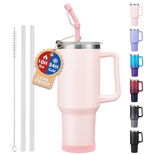 40 oz Tumbler with Handle and Straw Spout Lid - 100% Leak-proof Travel Coffee Cup, BPA Free Metal Mug, Vacuum Insulated Water Bottle- (Cold-34H & Hot-10H), Straw Cover, Silicone Boot