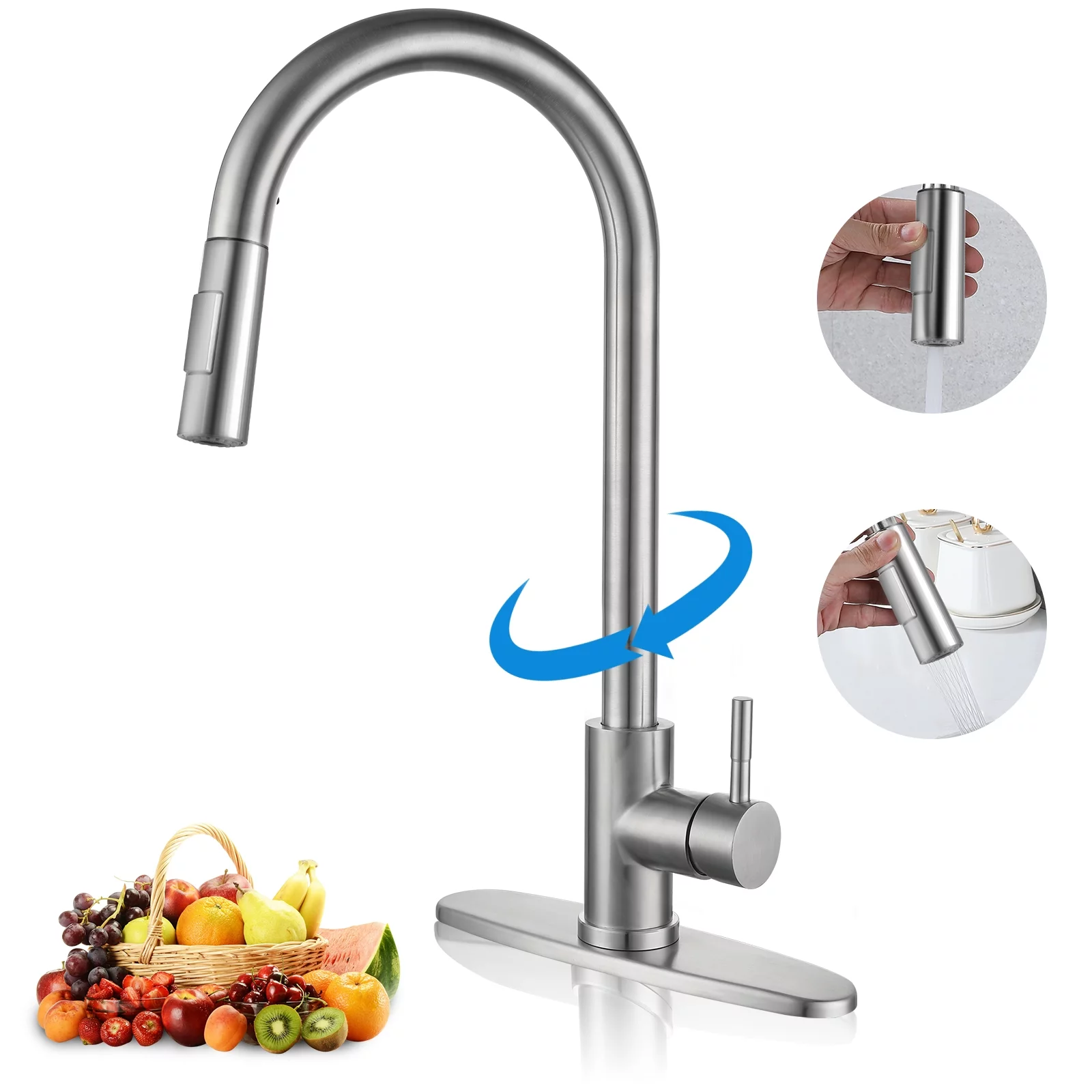 WYRAVIO Kitchen Faucet with Pull Down Sprayer, 304 Stainless Steel Kitchen Sink Faucets with Deck Plate, High Arc Single Handle