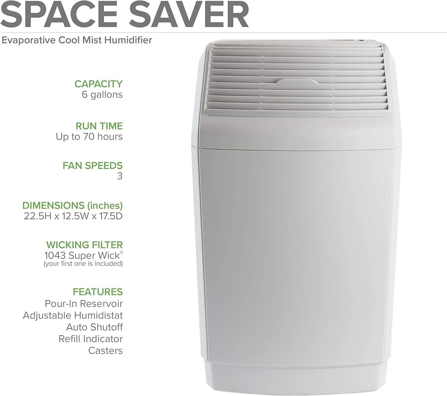 Space Saver Large Evaporative Whole House 6 Gallon Humidifier For Large Rooms 2,700 Sq Ft. With Digital Controls, Auto Humidistat And Automatic Shut Off
