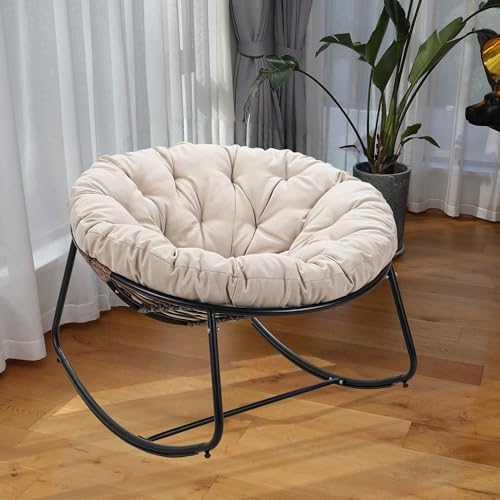 Outdoor Round Rocking Chair, Patio Wicker Egg Chair, Comfy Oversized Papasan Chair with Beige Padded Cushion, Royal Rattan Rocker for Living Room, Front Porch, Patio