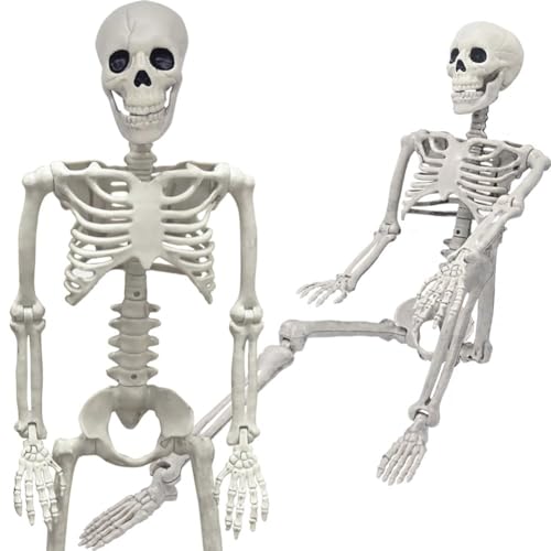 5.4Ft Halloween Skeleton, Posable Life Size Skeleton with Glowing Eyes Creepy Sound, Plastic Skeletons with Movable Joints for Graveyard Prop, Indoor Outdoor Haunted House Party Decor