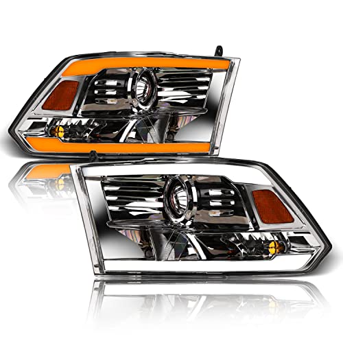 Alpha Owls 8710401 Crystal Headlights With Switchback Sequential LED Light Bar & Startup Light - Black Amber Fits 2009-2018 Dodge Ram 1500 2500 3500/2019-2023 Classic Halogen Models