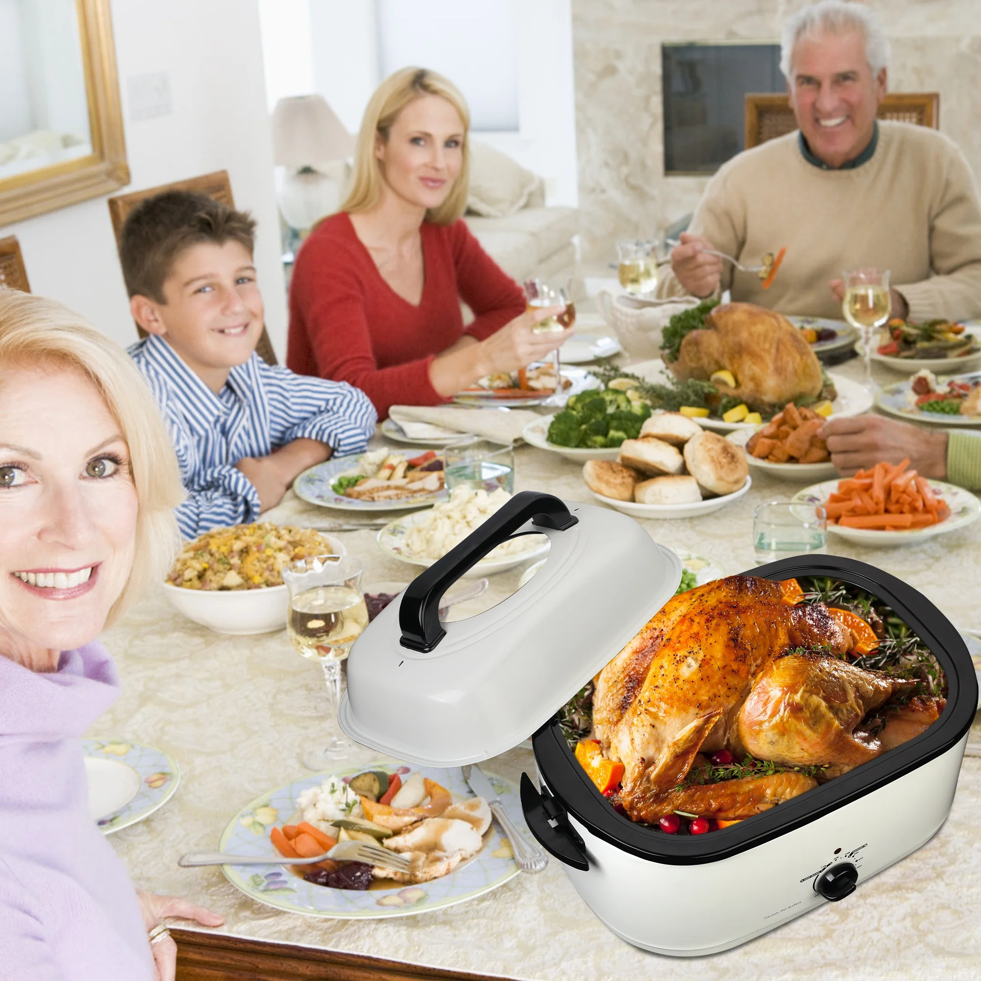 Superjoe 26 Quart Roaster Oven with Self-Basting Lid Removable Pan Electric Turkey Roaster Stainless Steel, White