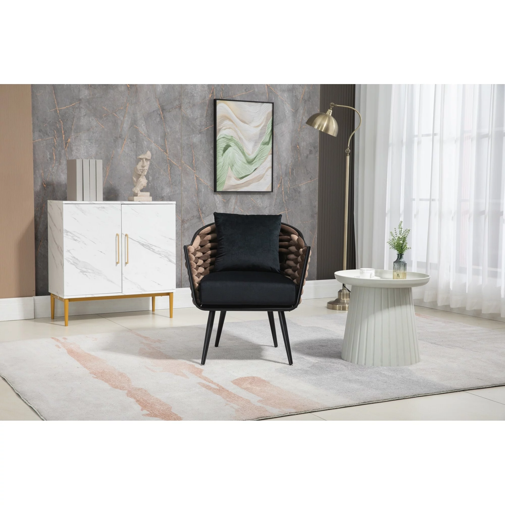 Velvet Upholstered Tufted Barrel Chair With Golden feet Black