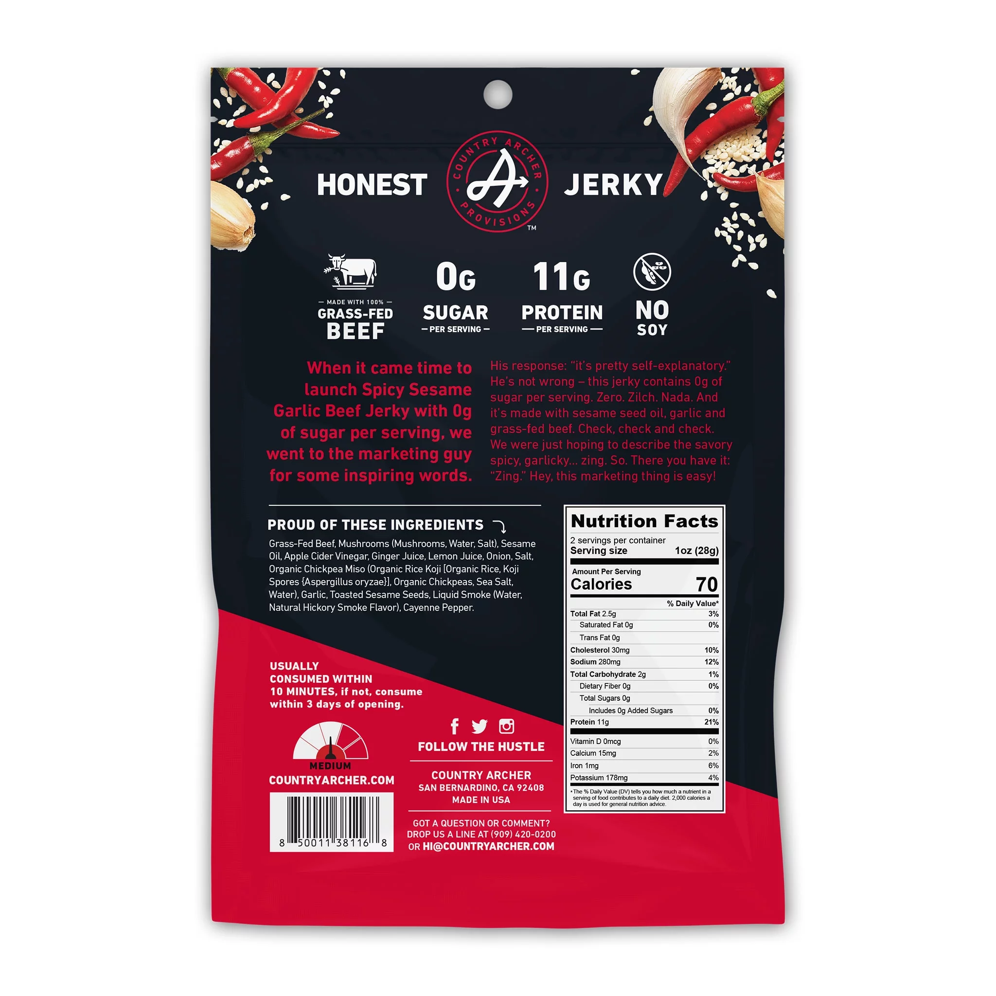 Country Archer 2oz Zero Sugar Spicy Sesame Garlic Beef Jerky Pack Of 12
